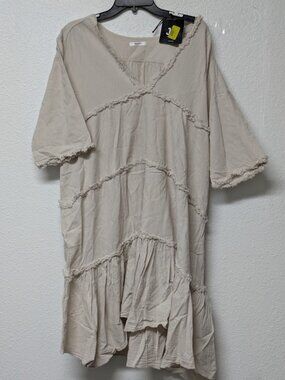 Ornella Beige V-Neck Half Sleeves Ruffle-Trim Tiered Shift Midi Dress - Medium